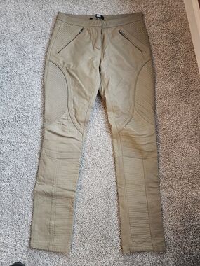 Slim Moto-Style Womens Genuine Leather Pants in Olive